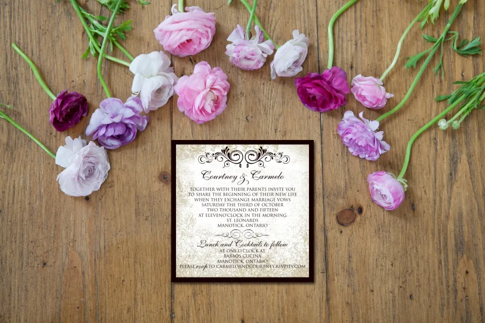 antique browns invite with flowers