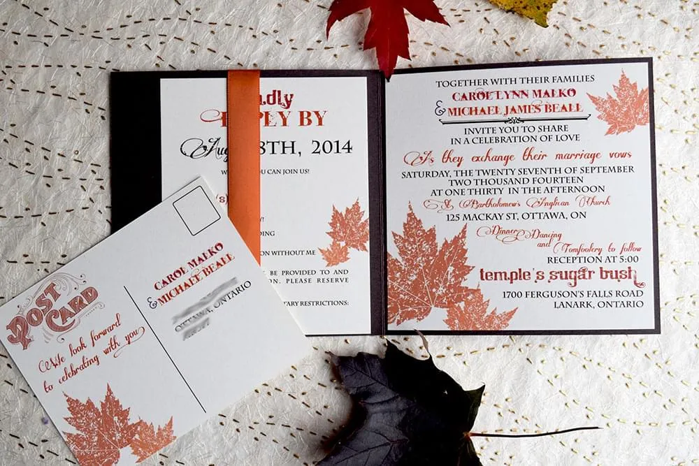 Woodgrain invite open with post card