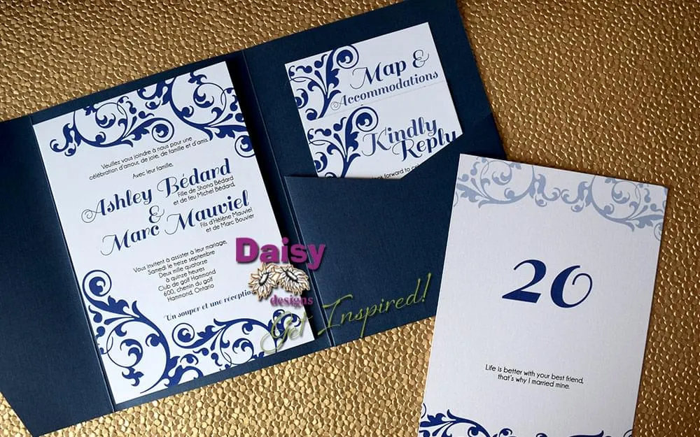 Simple Navy Pocket invite rsvp and table number