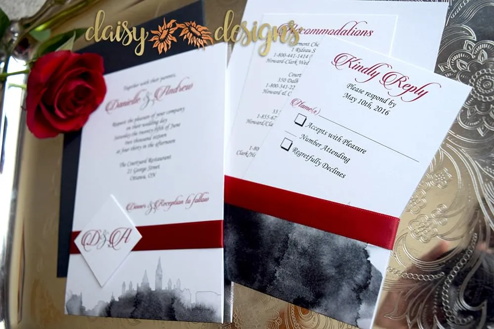 Scarlet Skyline invite with ribbon