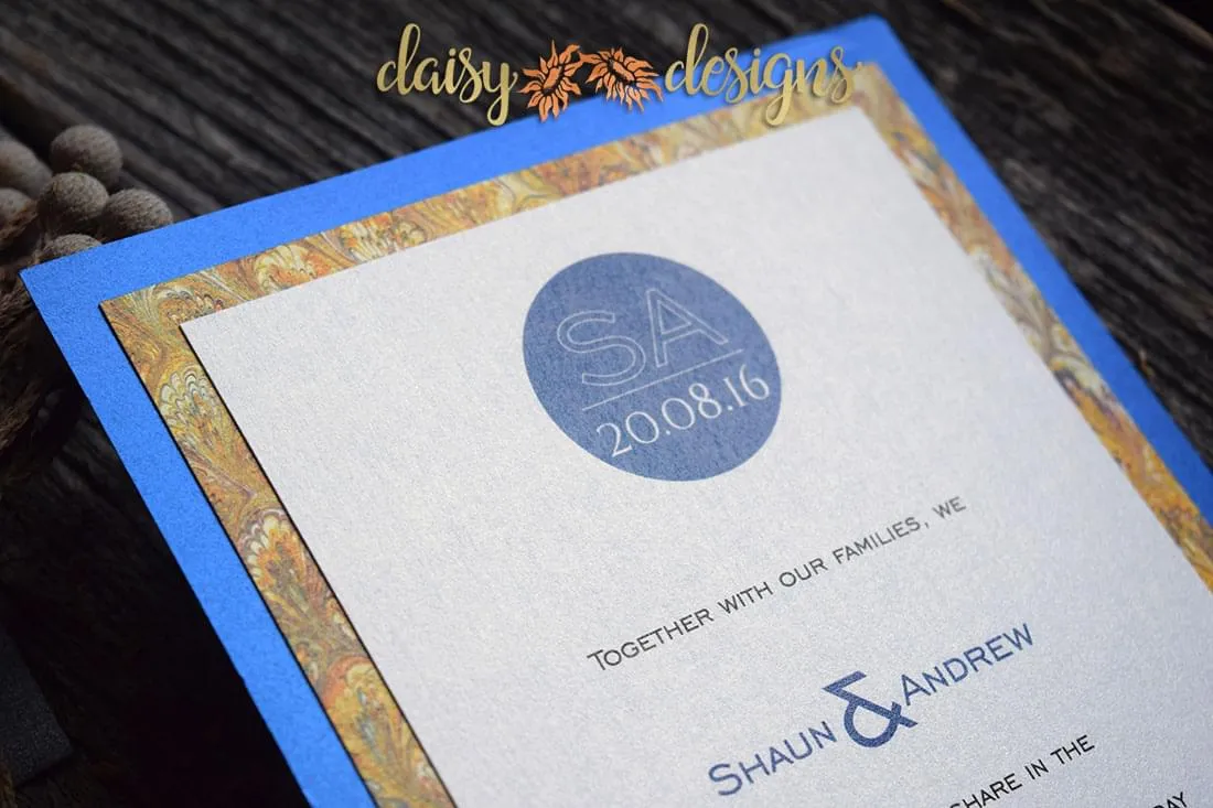 Blue Silk - Gold Marble invite closeup