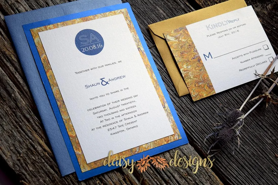 Blue Silk - Gold Marble invite and rsvp