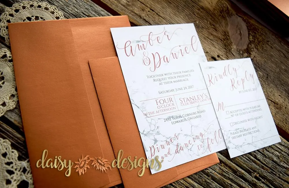 Marble Copper invitation and rsvp with optional copper metallic envelopes