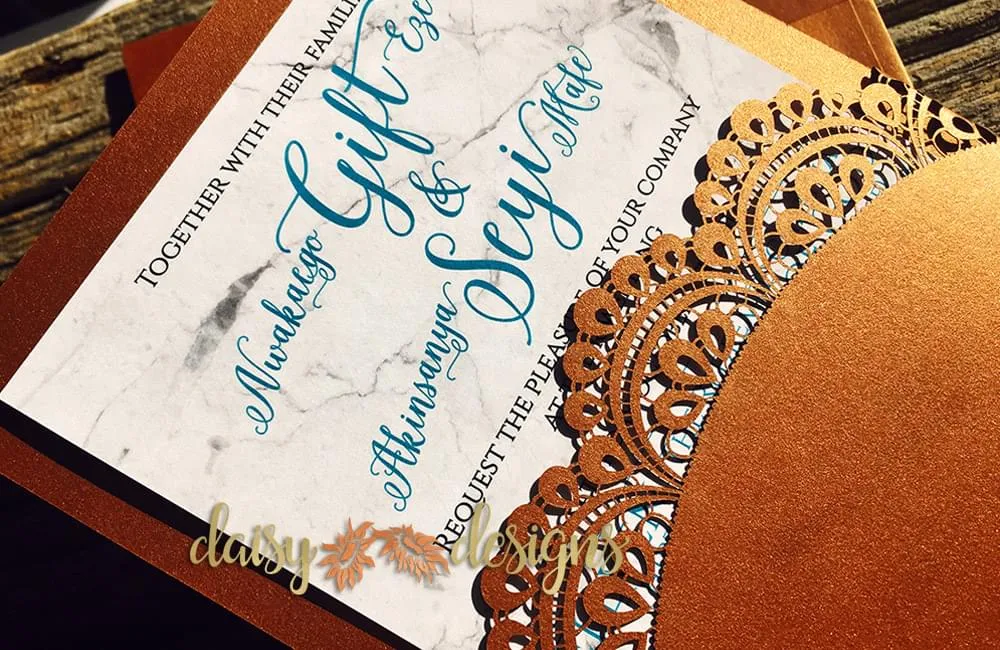 Marble Copper Teal curved laser cut pouch close-up