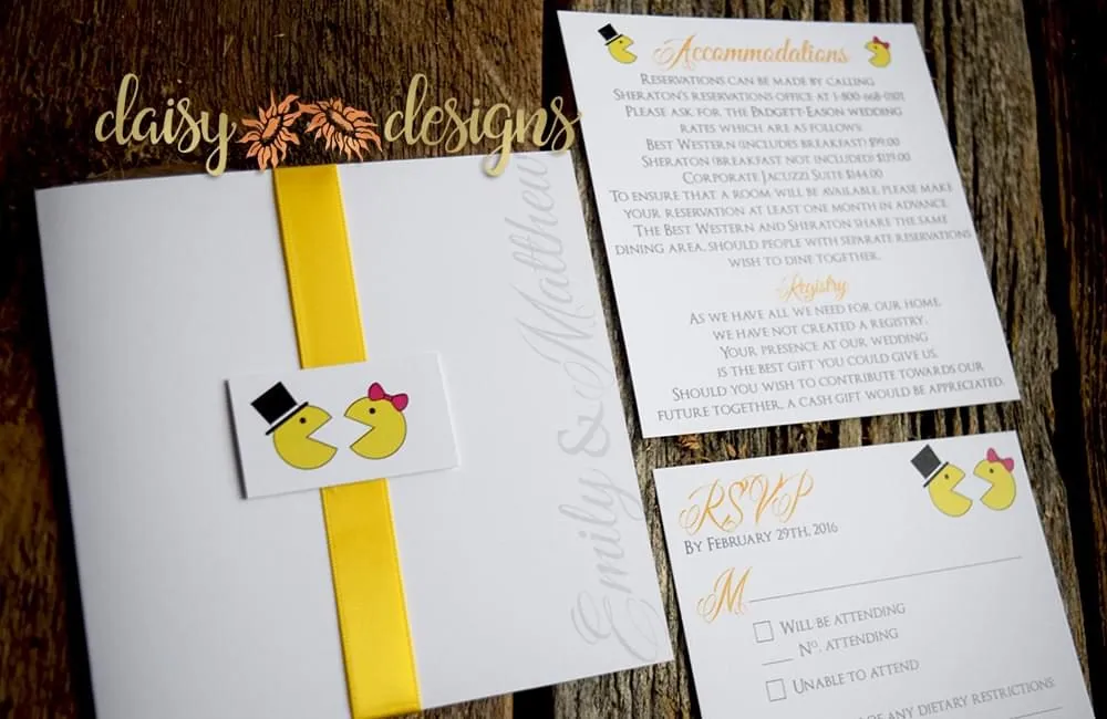 mr. and mrs. pacman wedding invitation and rsvp with matching ribbon and monogram