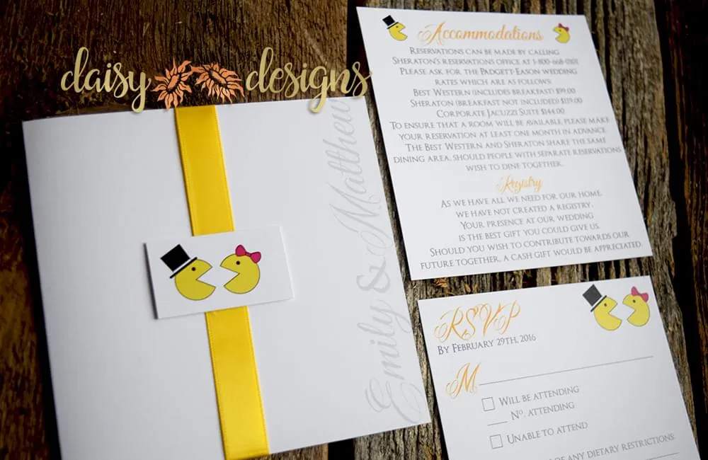 mr. and mrs. pacman wedding invitation and rsvp with matching ribbon and monogram