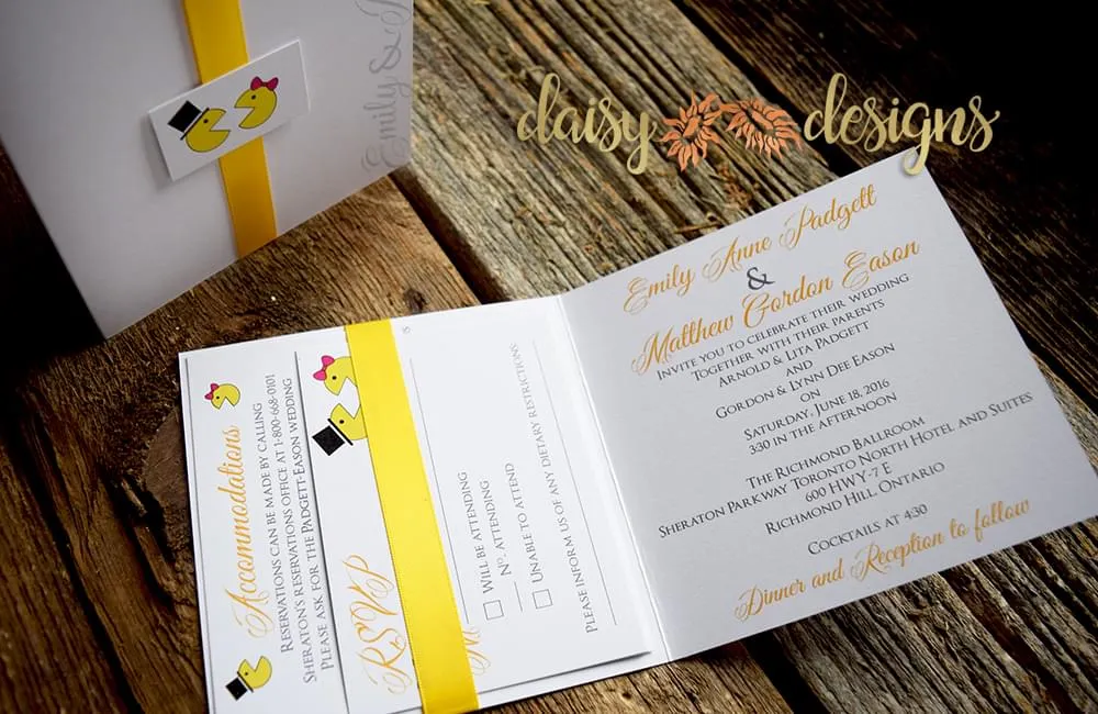 mr. and mrs. pacman wedding invitation and rsvp with matching ribbon and monogram