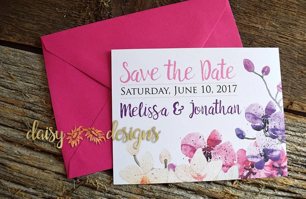 Orchid Field Save-The-Date with dark pink envelope