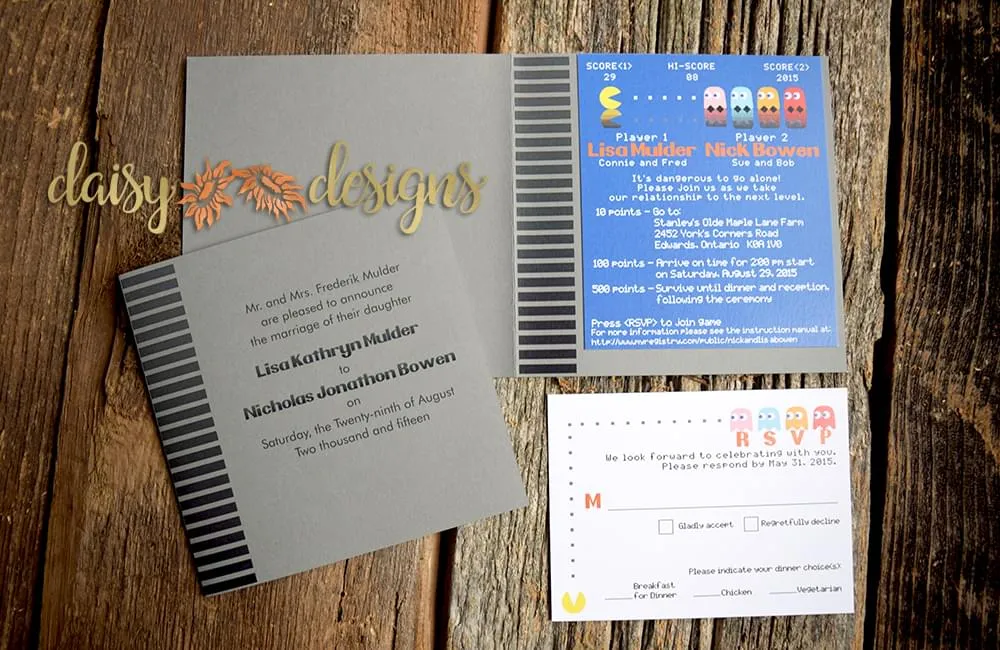 mr. and mrs. pacman wedding invitation and rsvp in a game cartridge styled folder