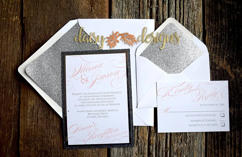 Silver Mirri wedding invitation layered on silver and platinum metallic paper, rsvp and envelopes with metallic liners