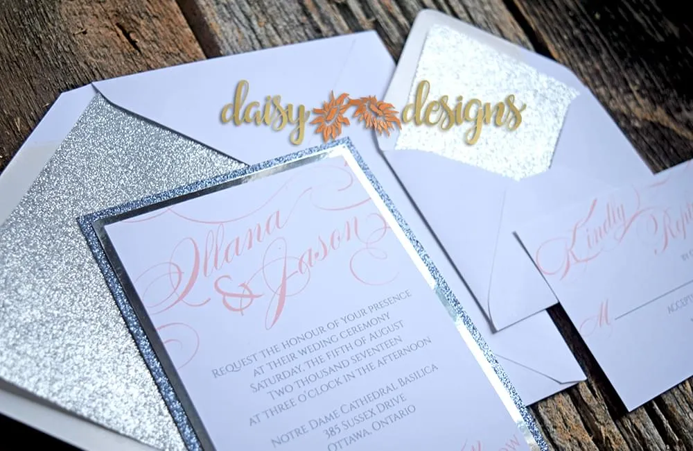 Silver Mirri wedding invitation layered on silver and platinum metallic paper, rsvp and envelopes with metallic liners