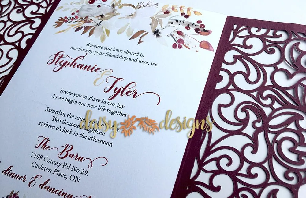 Cranberry and Cream laser cut invite close-up