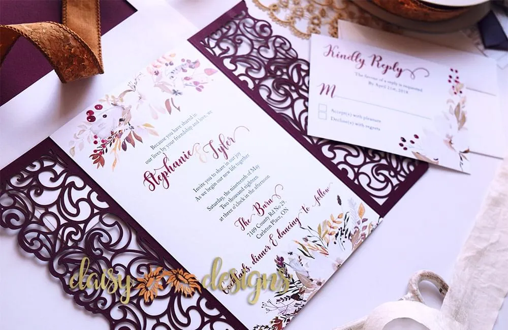 Cranberry and Cream laser cut invite and rsvp