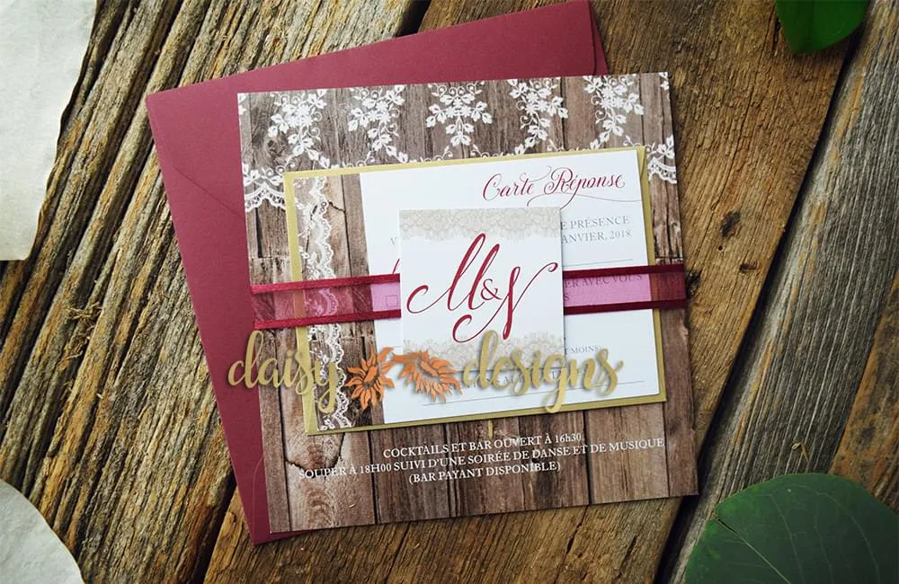 Antique Lacewood invite with belly band