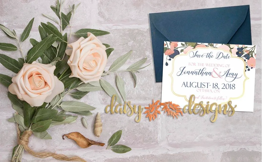 Blush Navy Save-The-Date card and envelope