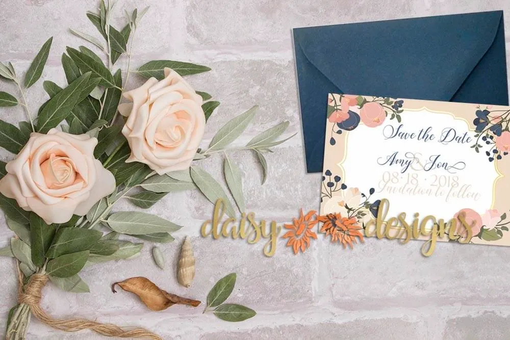 Blush Navy Save-The-Date card and envelope