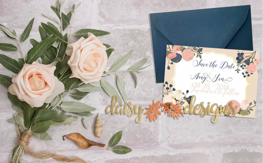 Blush Navy Save-The-Date card and envelope