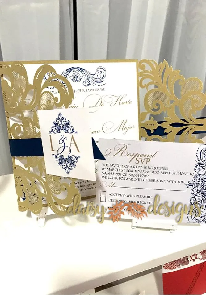 Elegant Gold laser-cut with Royal Navy accents and matching RSVP card