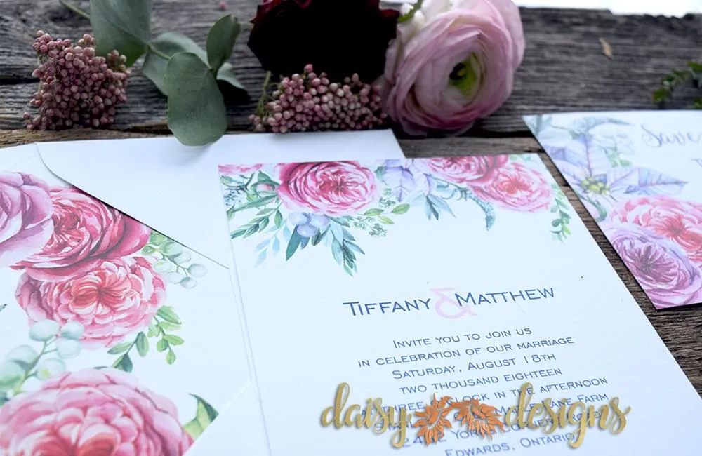 Ranunculous wedding invites close up