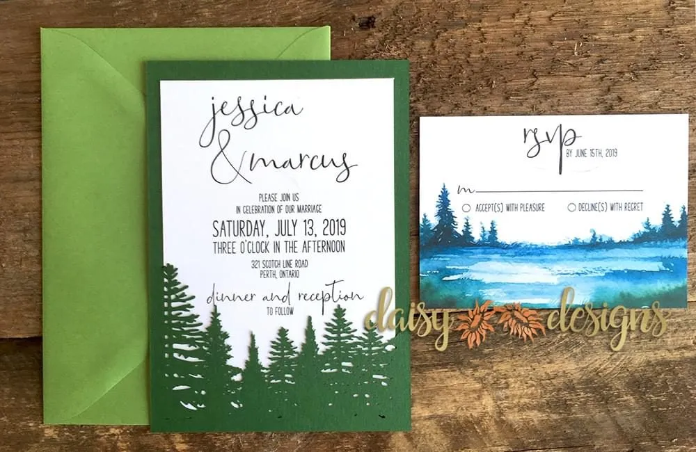 Evergreen Treeline laser cut invite and RSVP