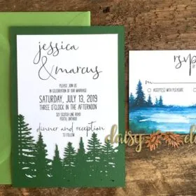 Evergreen Treeline laser cut invite and RSVP