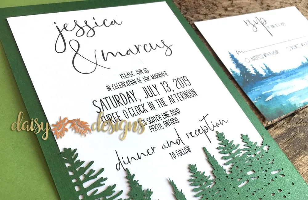 Evergreen Treeline laser cut invite details