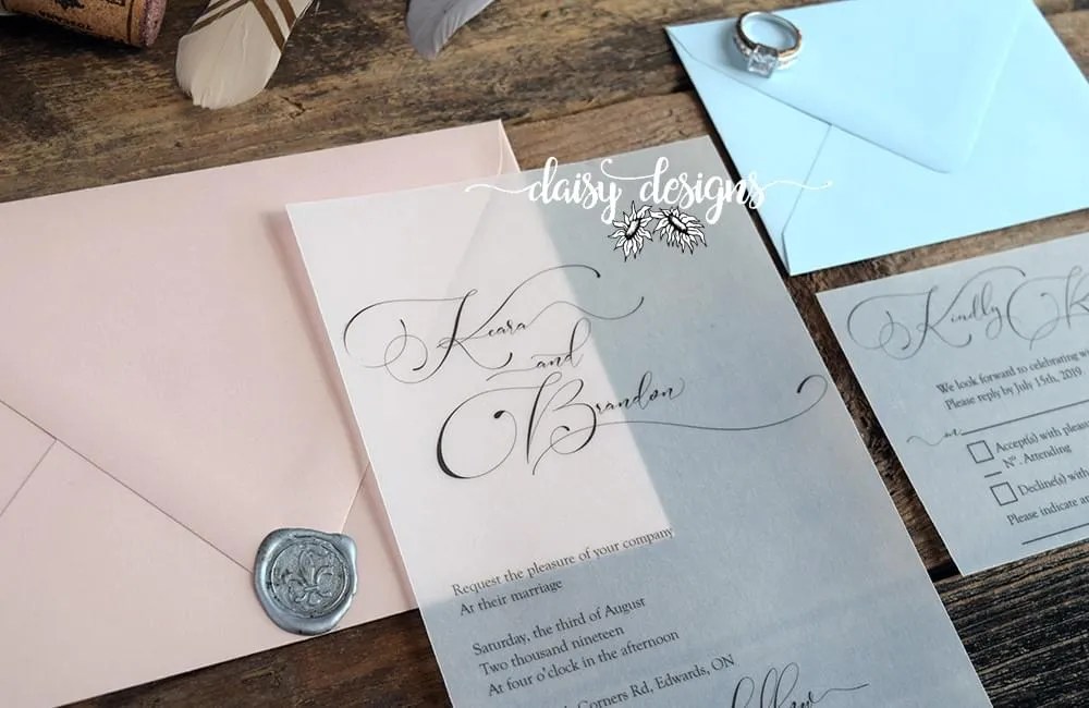 Simply Sophia invite on vellum with blush invite envelope and blue rsvp envelope