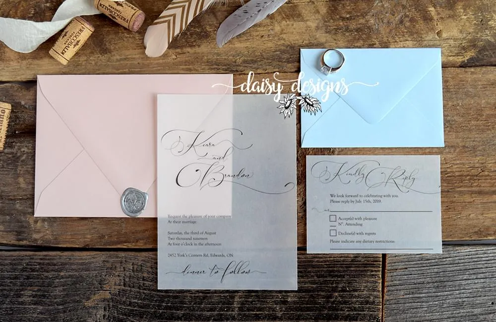 Simply Sophia invite on vellum with blush invite envelope and blue rsvp envelope