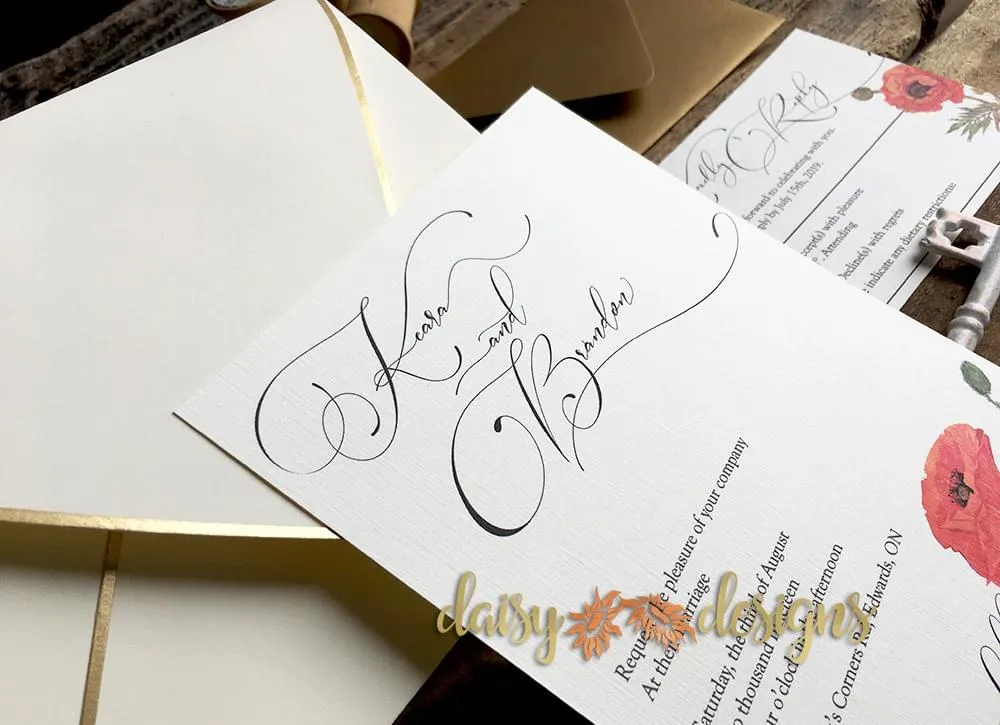 Watercolour poppies invite with envelope