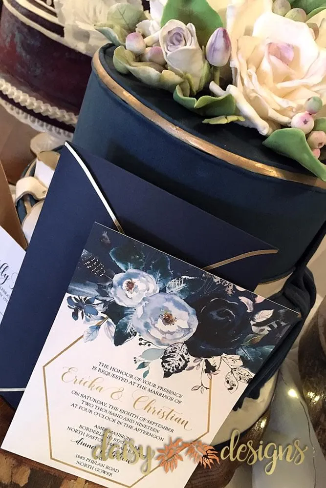 Creamy Peonies - invite with blue and gold envelope