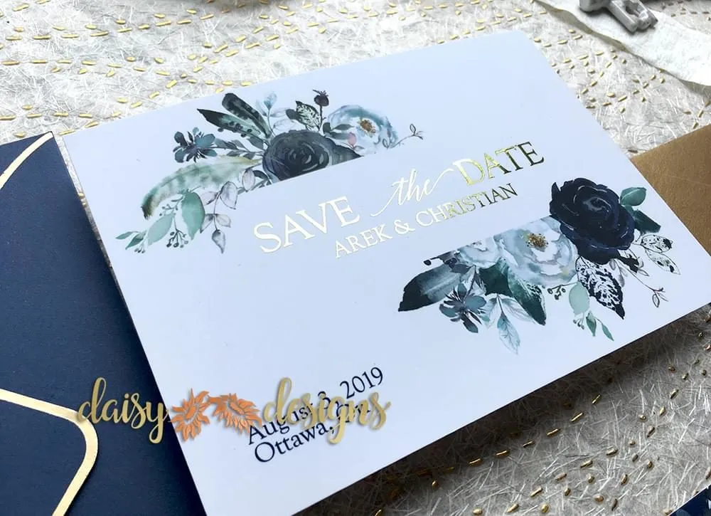 Foil Navy Save-the-date closeup