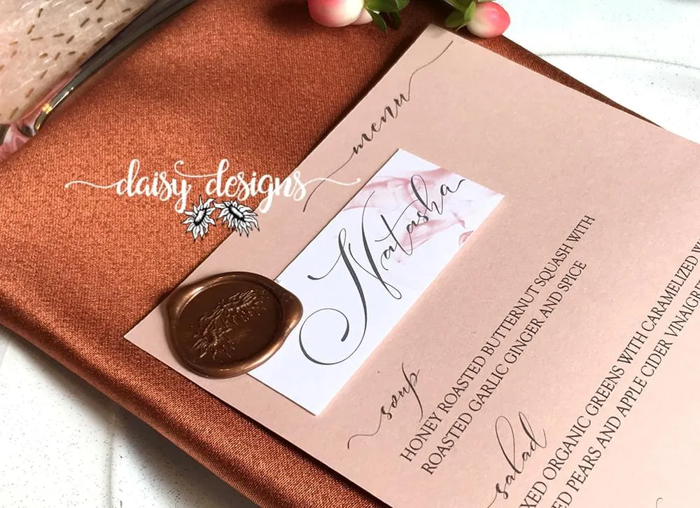 Dusty Rose Grey Feather menu and wax seal