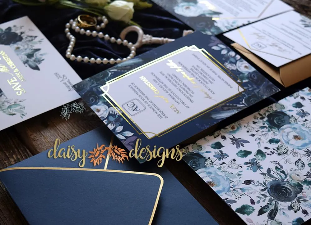 Navy Peonies Foil suite