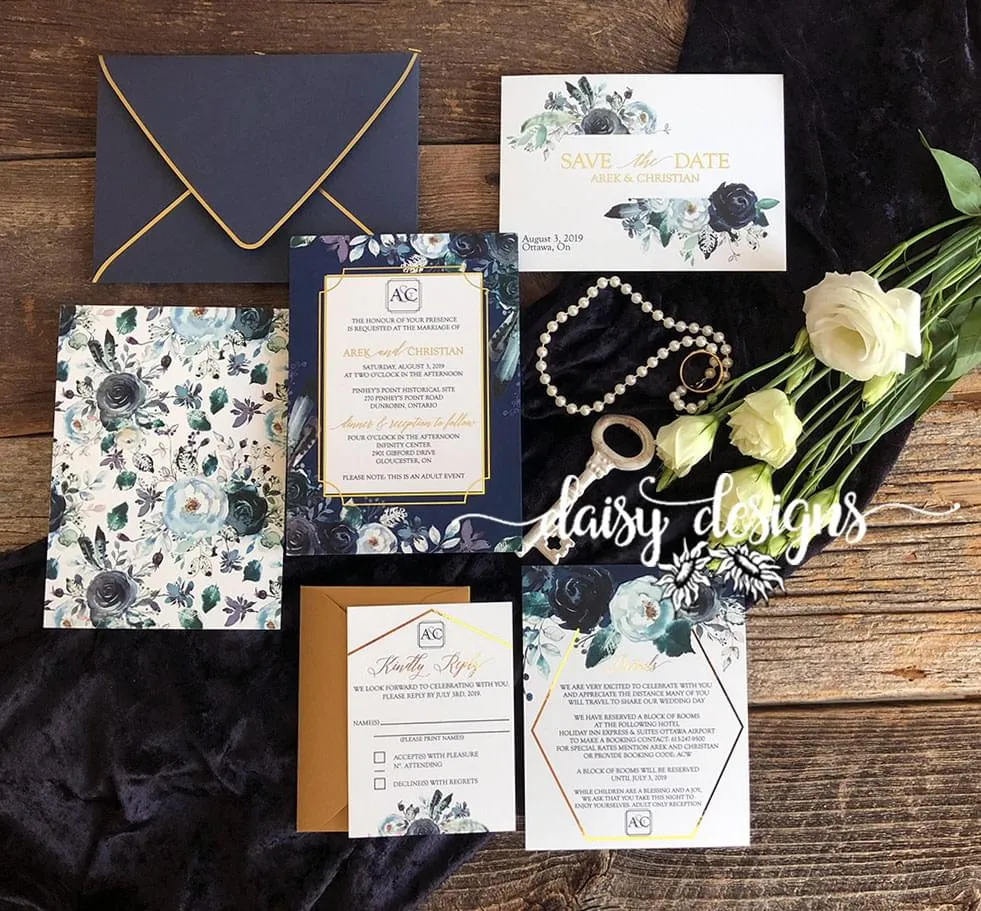 Navy Peonies Foil full suite