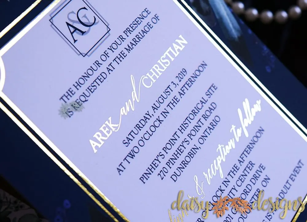 Navy Peonies Foil invite closeup