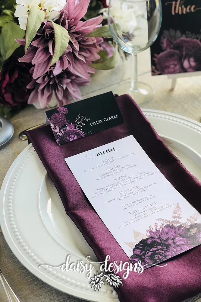 Moody Mauve Rose wedding place card and menu