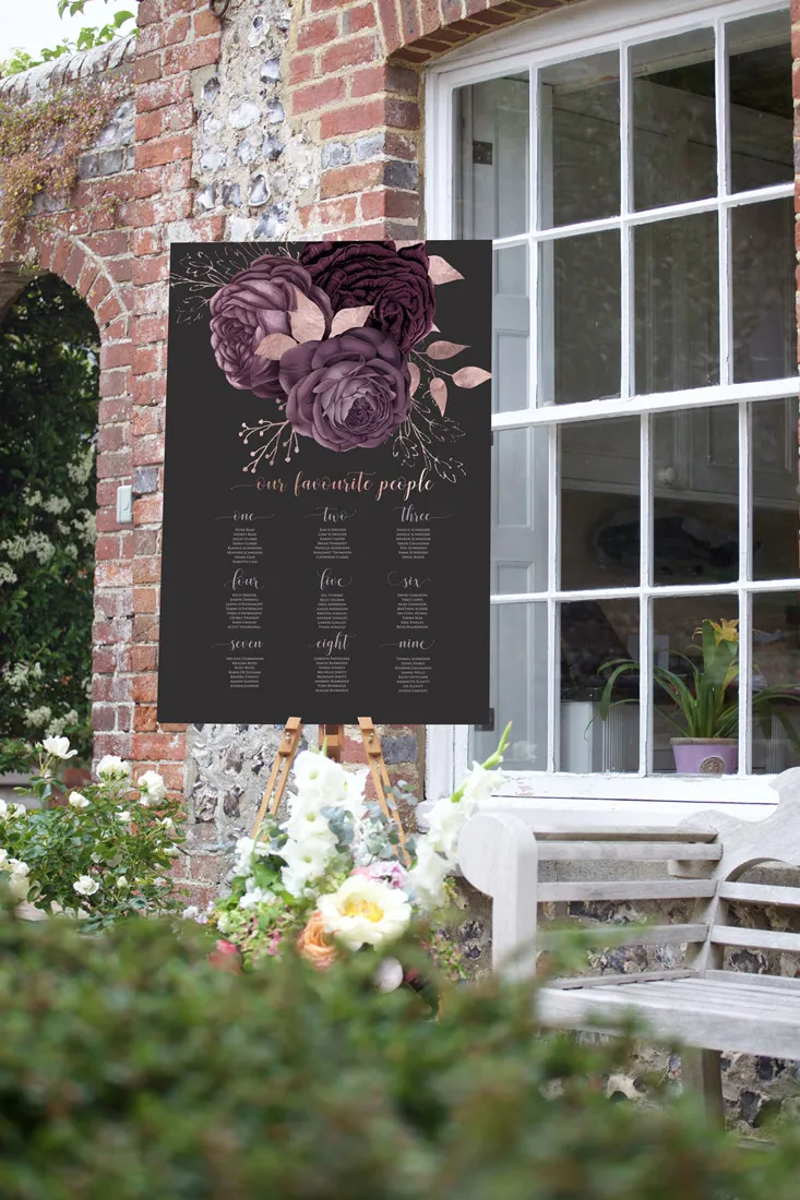 Moody Mauve Rose wedding seating chart