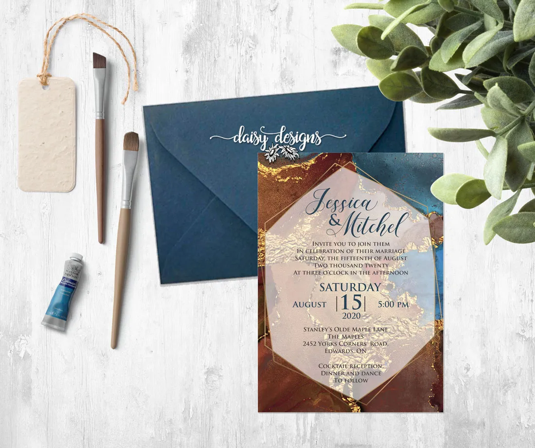Navy Gold Marble invite and blue envelope