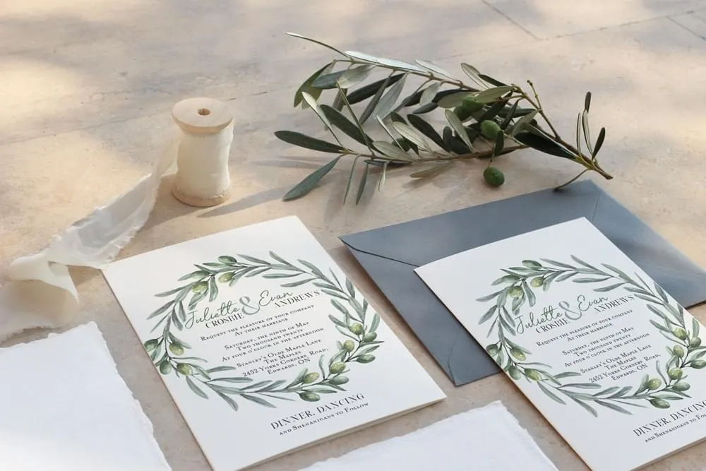 Italian Garden invite with envelope and olive branch