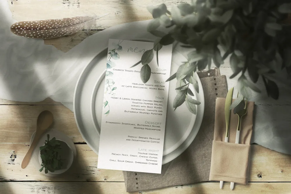 Watercolour Eucalyptus menu on plate