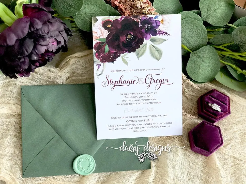 Sangria wedding invite with moss green envelope and wax seal