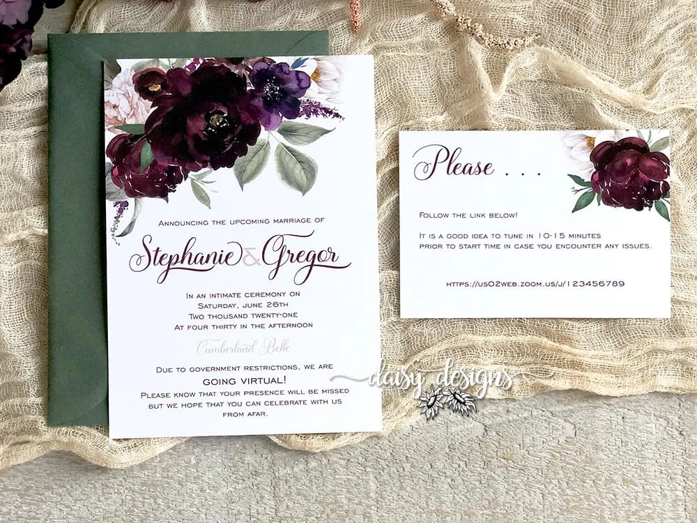 Sangria wedding invite suite with moss green envelopes
