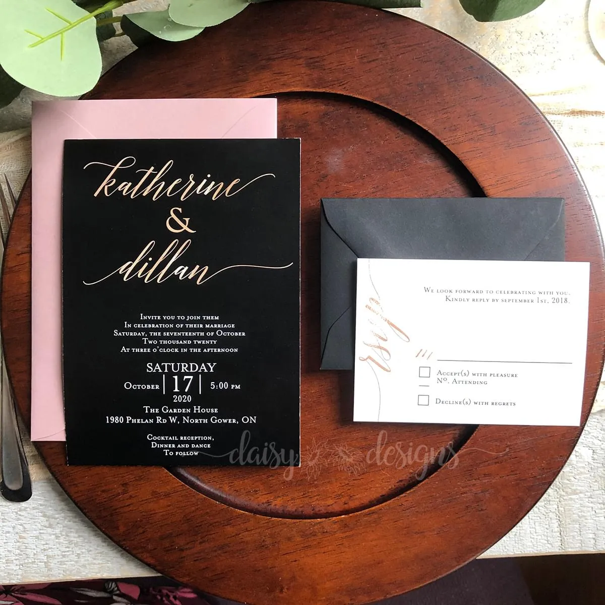 Black Tie Affair rose gold invite and rsvp with pink envelope