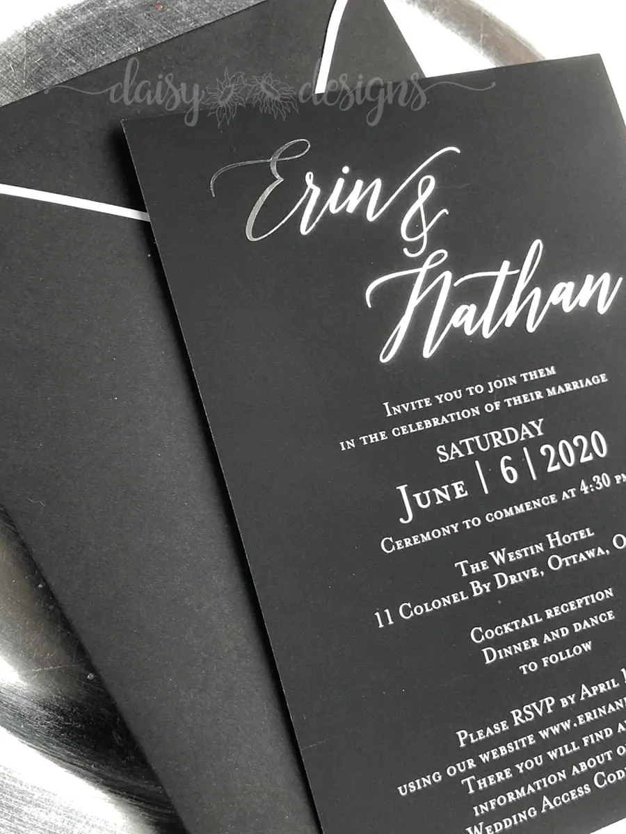Black Tie Affair silver invite closeup