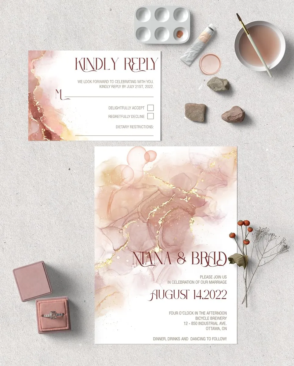 Alcohol Ink Wedding invitation and rsvp