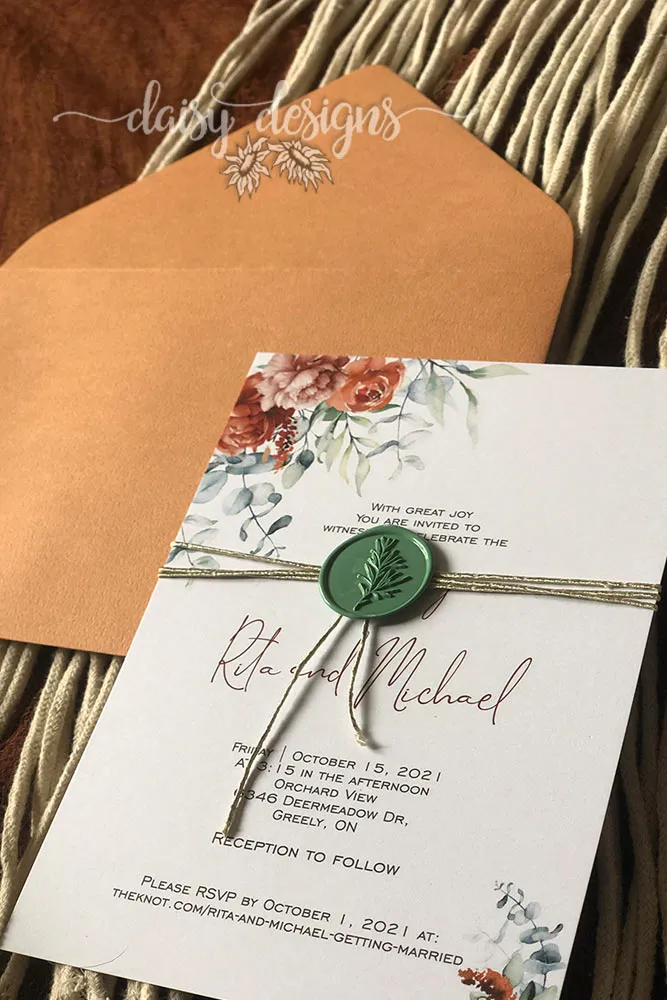 Rust and Sage invite with wax seal and string