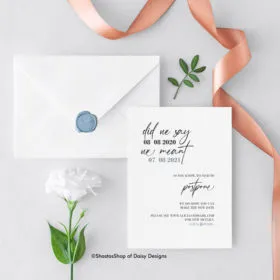 Did We Say - dusty blue date change announcement