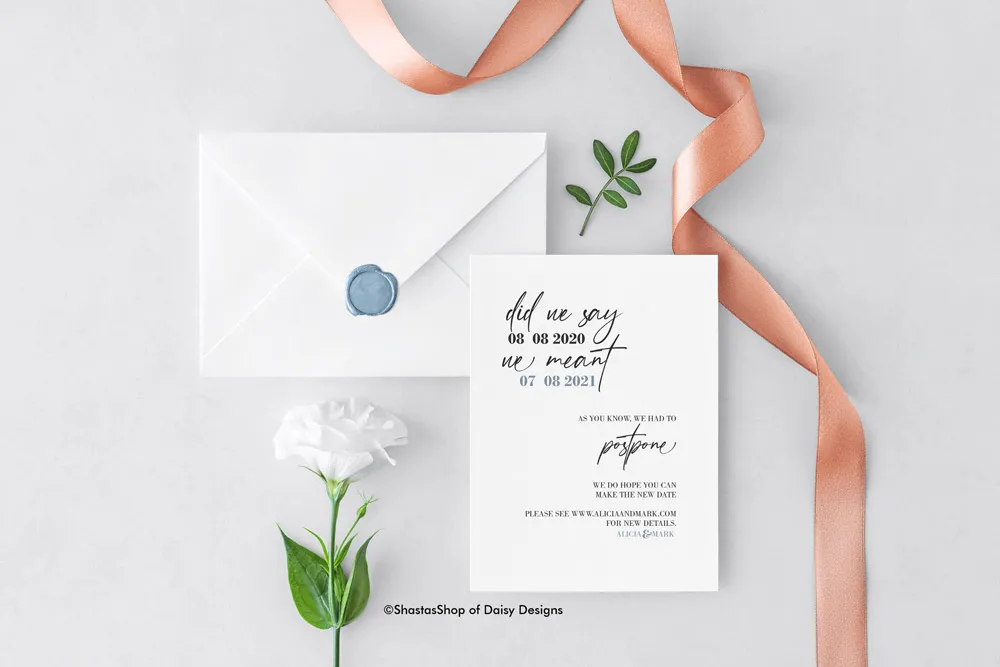 Did We Say - dusty blue date change announcement