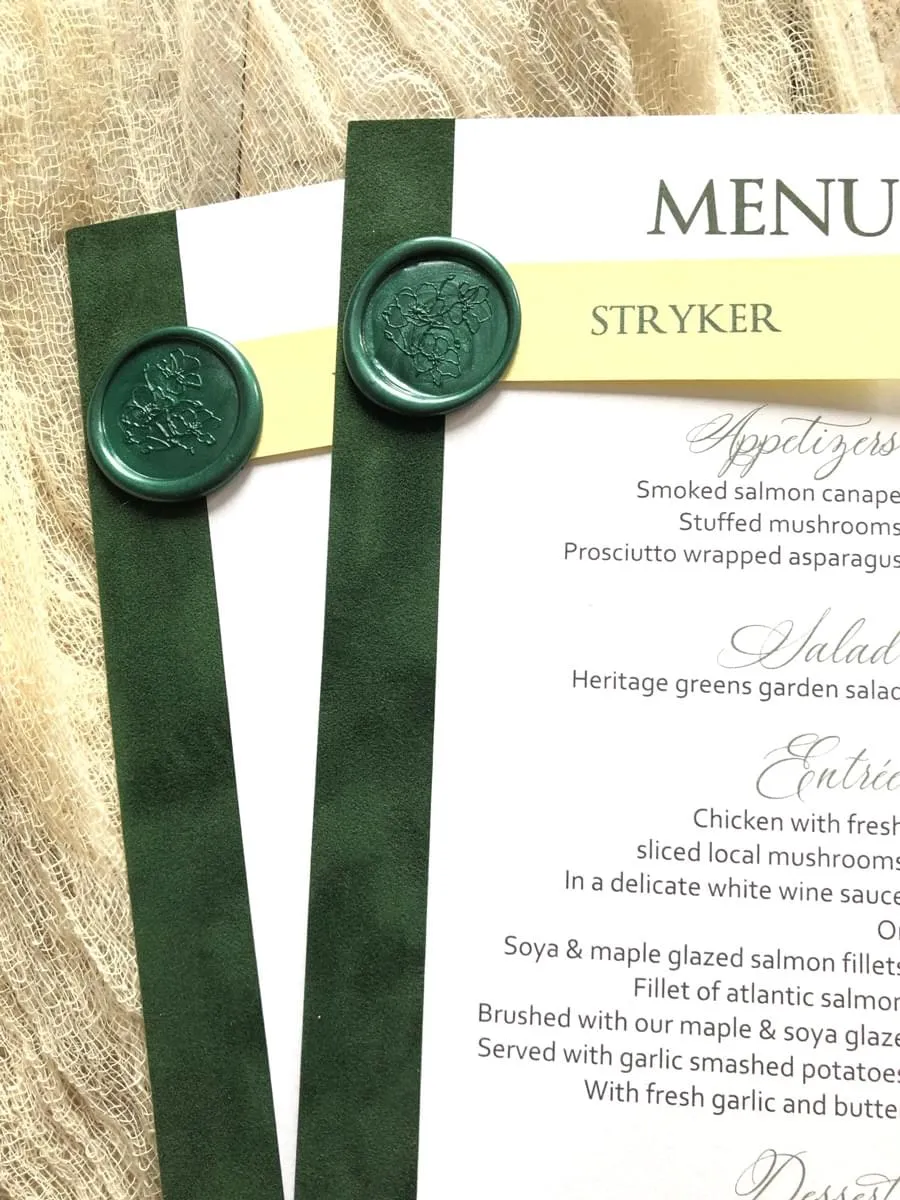 Buttercream Bouquet menus with suede border and wax seal