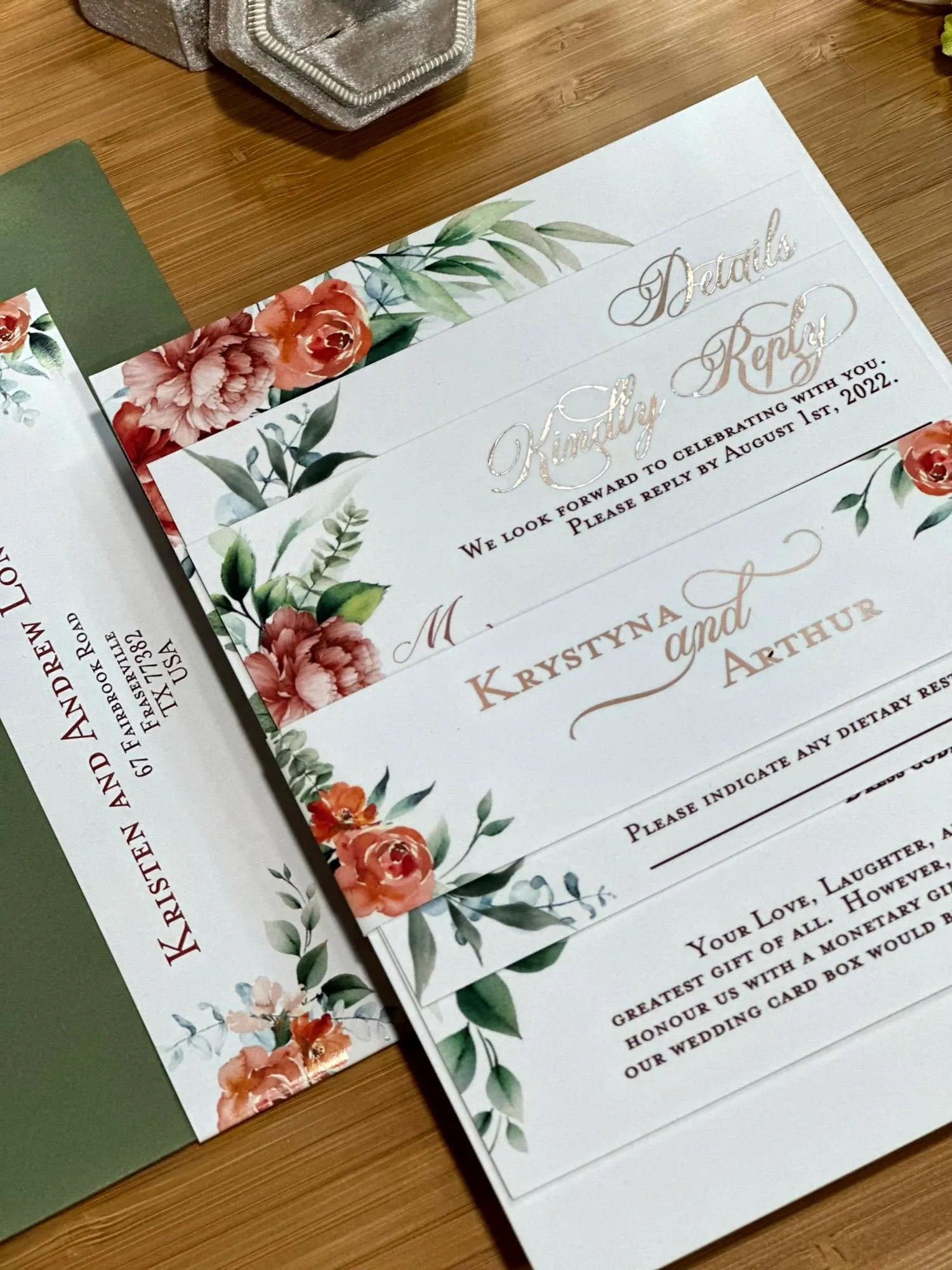 Sage and Rust foil invite closeup